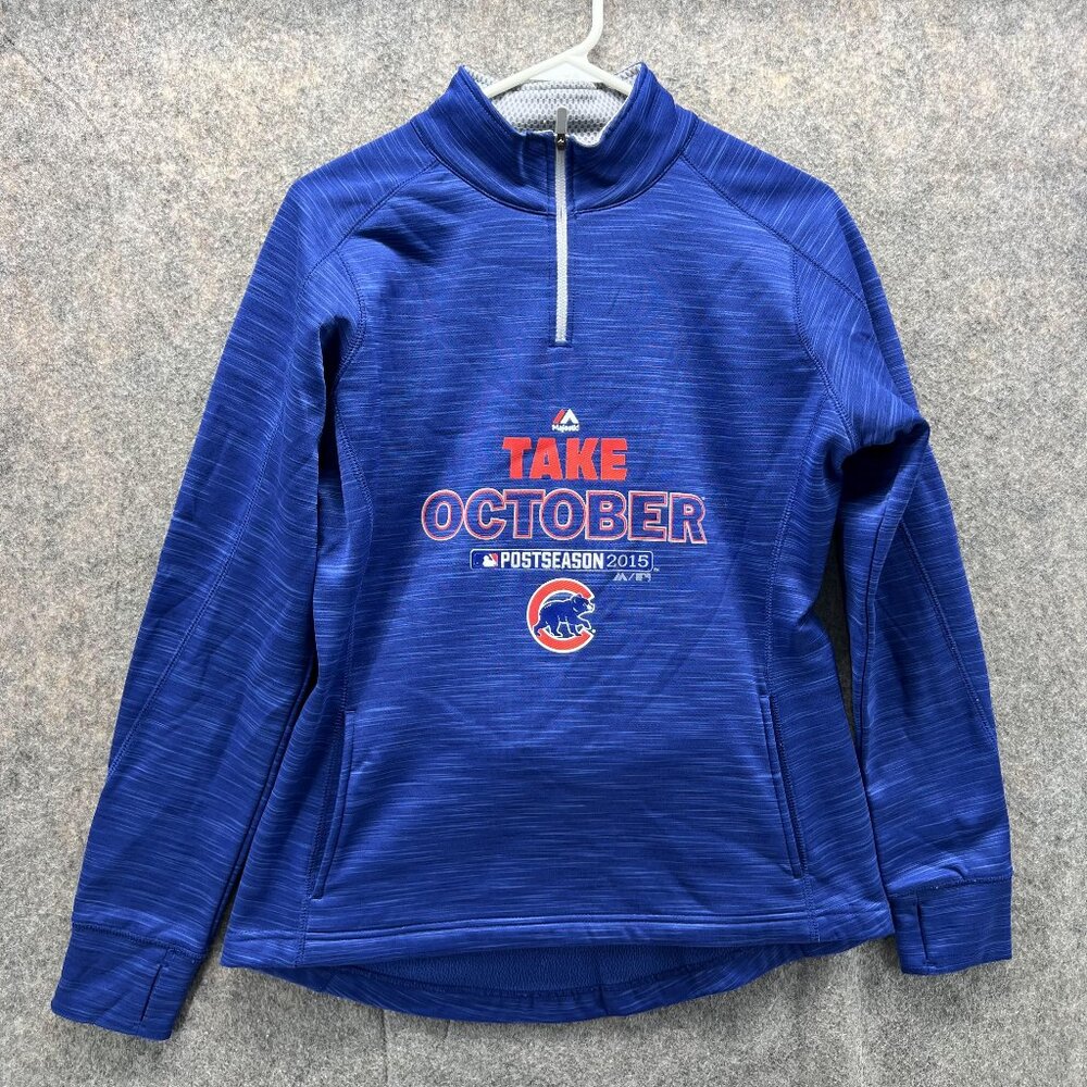 Chicago Cubs Sweater Women Medium Blue Post Season 2015  1/4 Zip Majestic MLB
